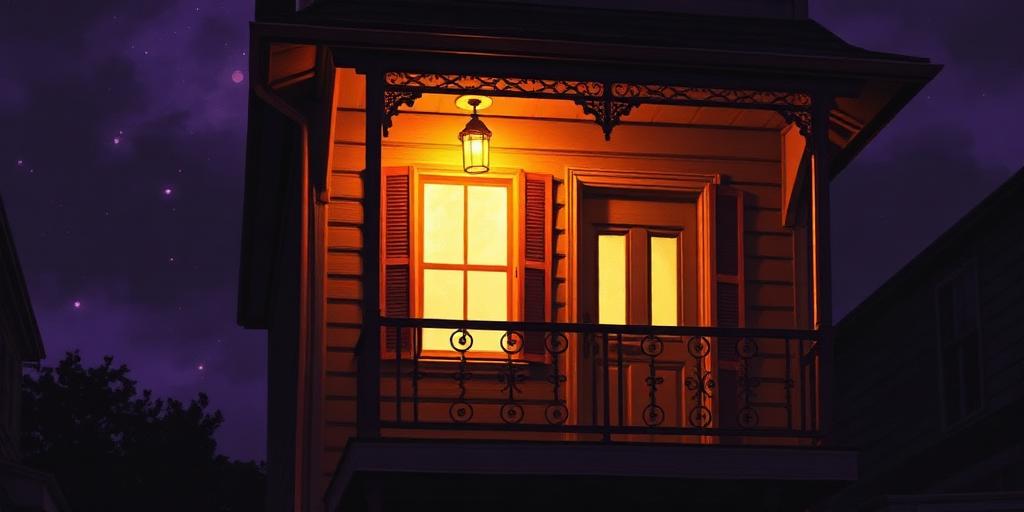 A softly lit New Orleans porch at night
